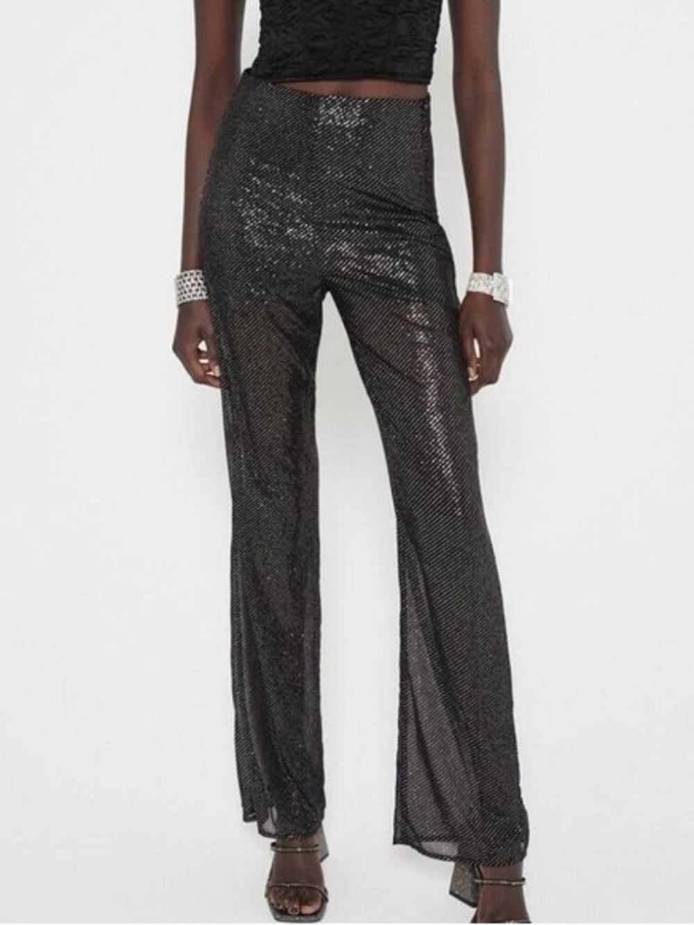 Zara Women’s Black Sparkle High-Waist Wide-Leg Pants